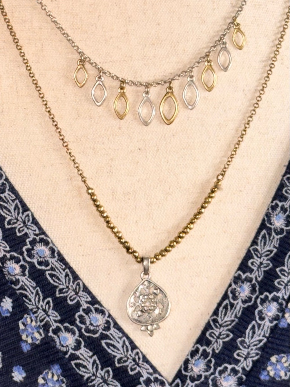 Lucky Brand Two-Tone Gold and Silver Charm Necklace, adjustable 16-21 inches. - Picture 4 of 15